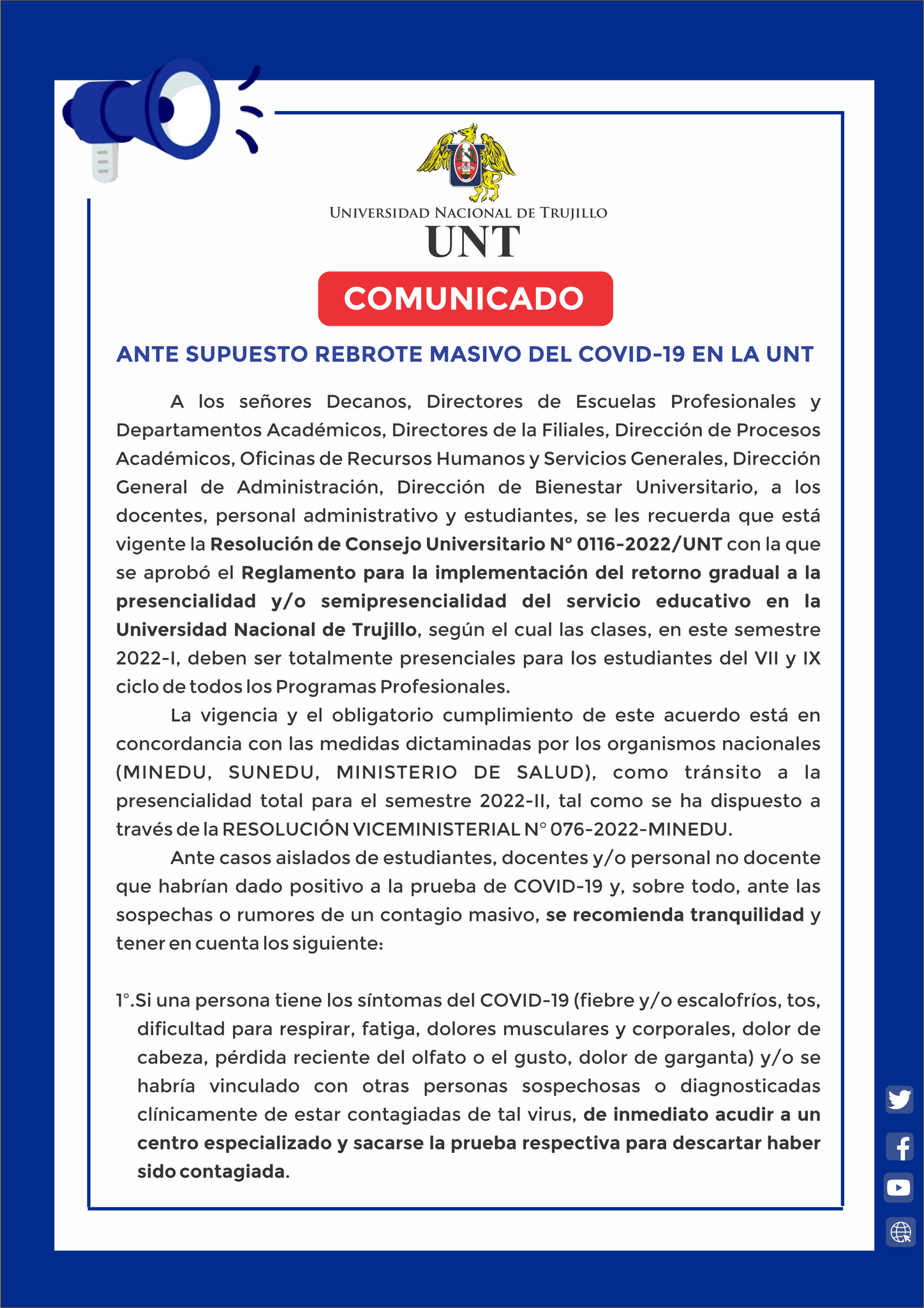 COMUNICADO: ANTE SUPUESTO REBROTE MASIVO DEL COVID-19 EN LA UNT